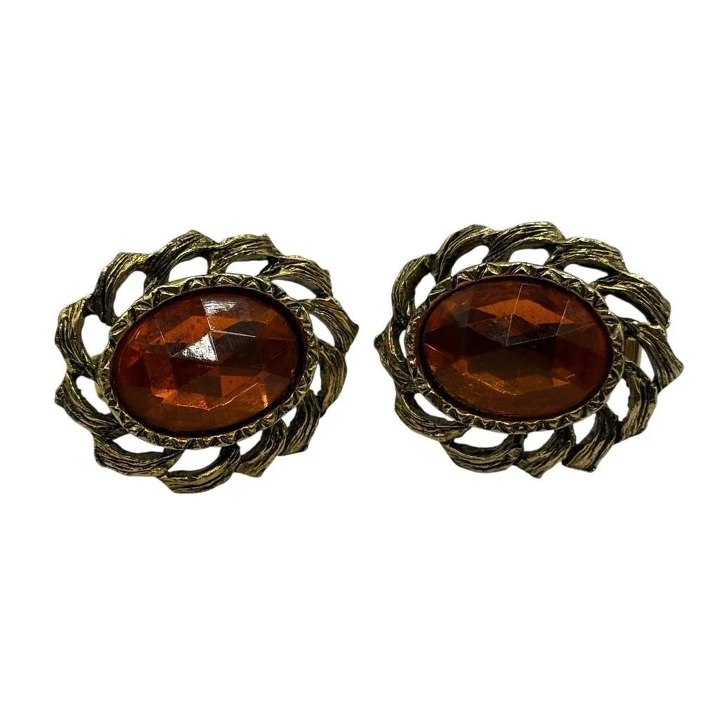 Vtg Cufflinks Harvey Avedon Orange Rhinestone Gold Tone US Pat‎ 2920363 Oval
